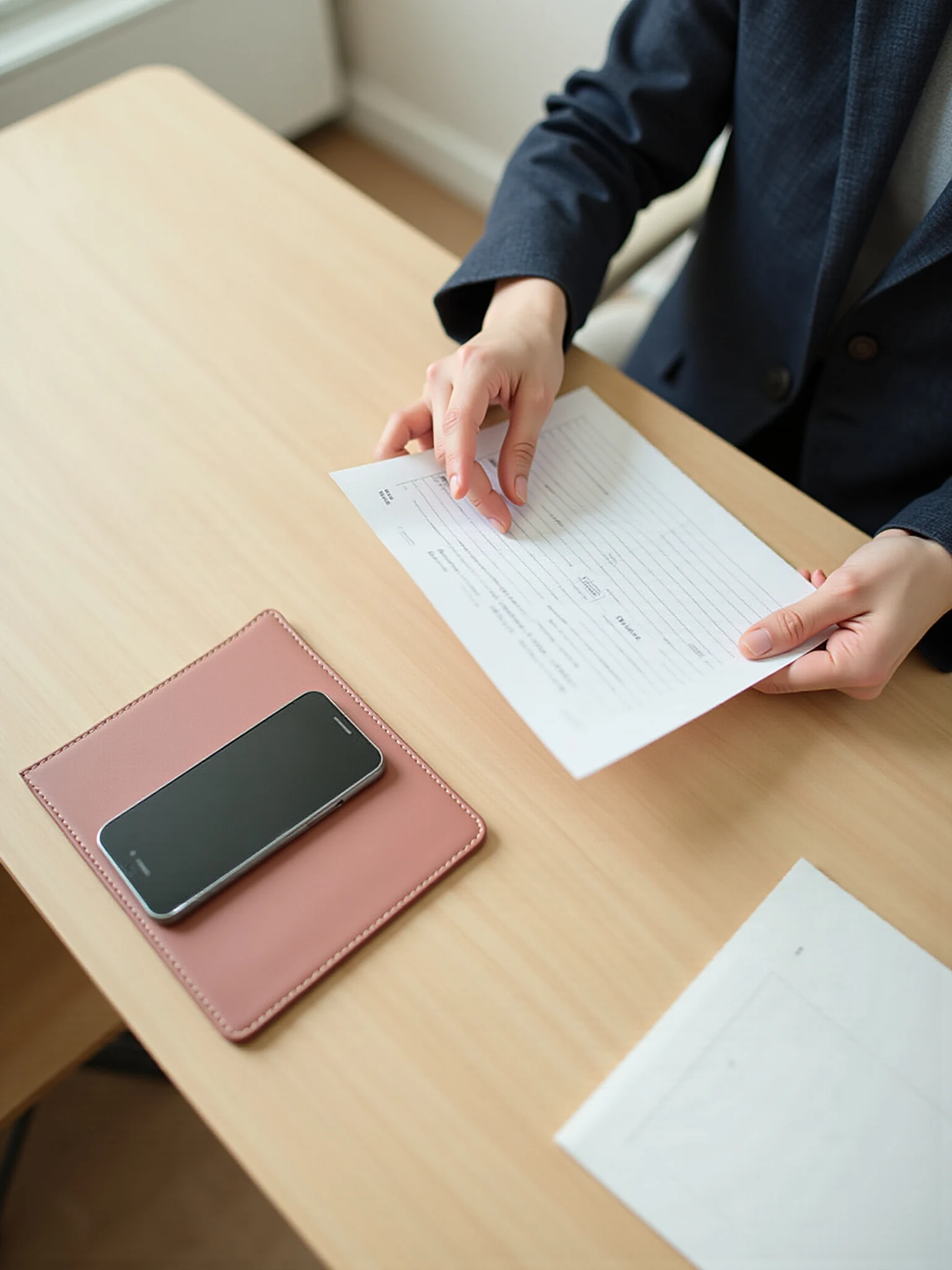A person reviewing documents at a desk
