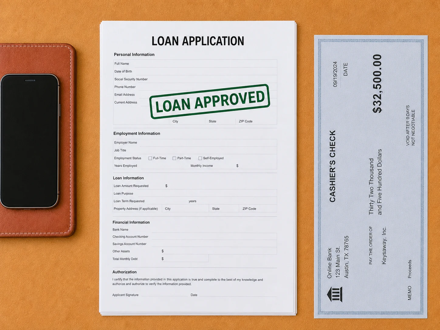 A loan application stamped Loan Approved beside a cashier's check