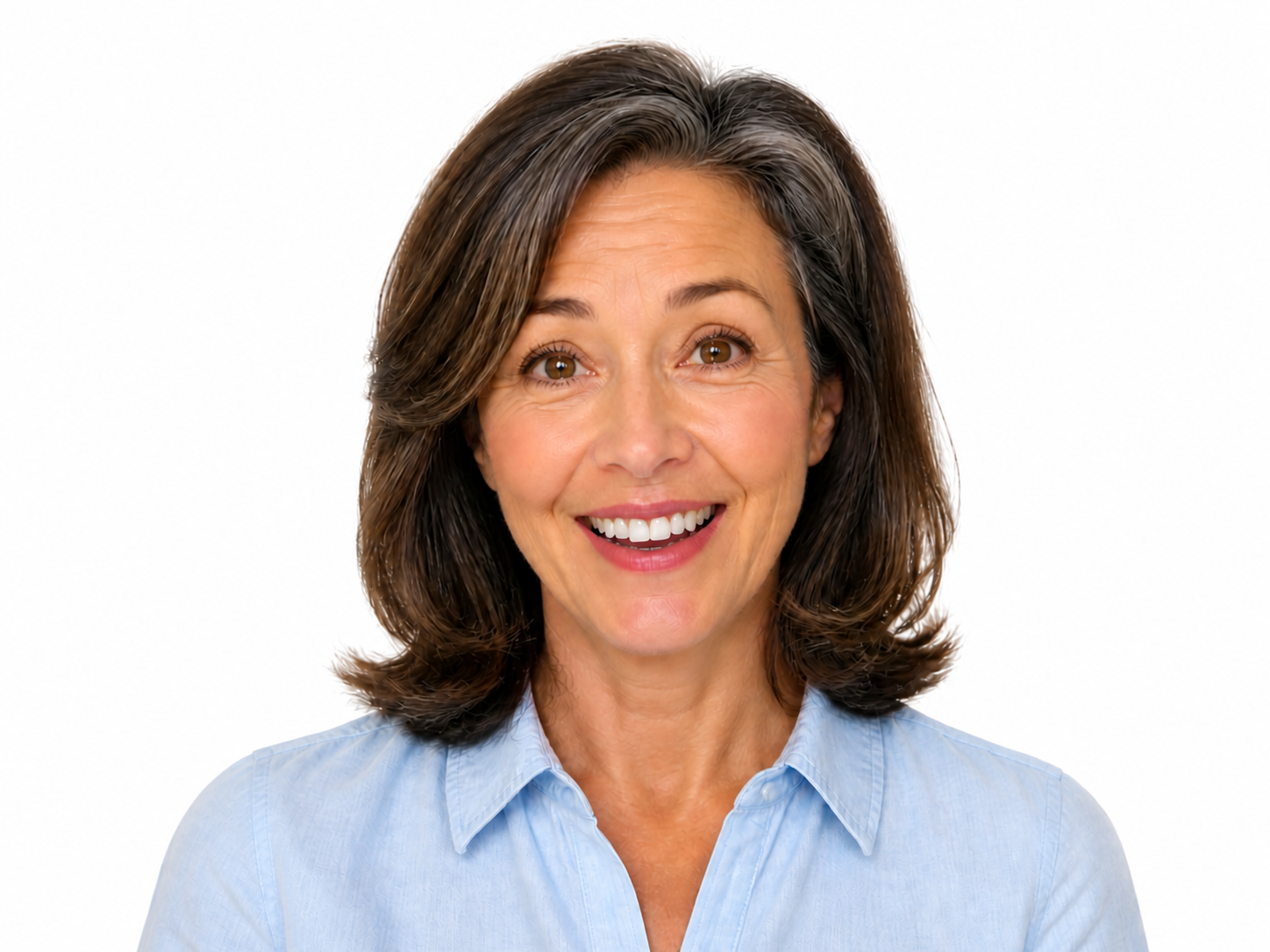 A woman reacting with relieved, hopeful surprise