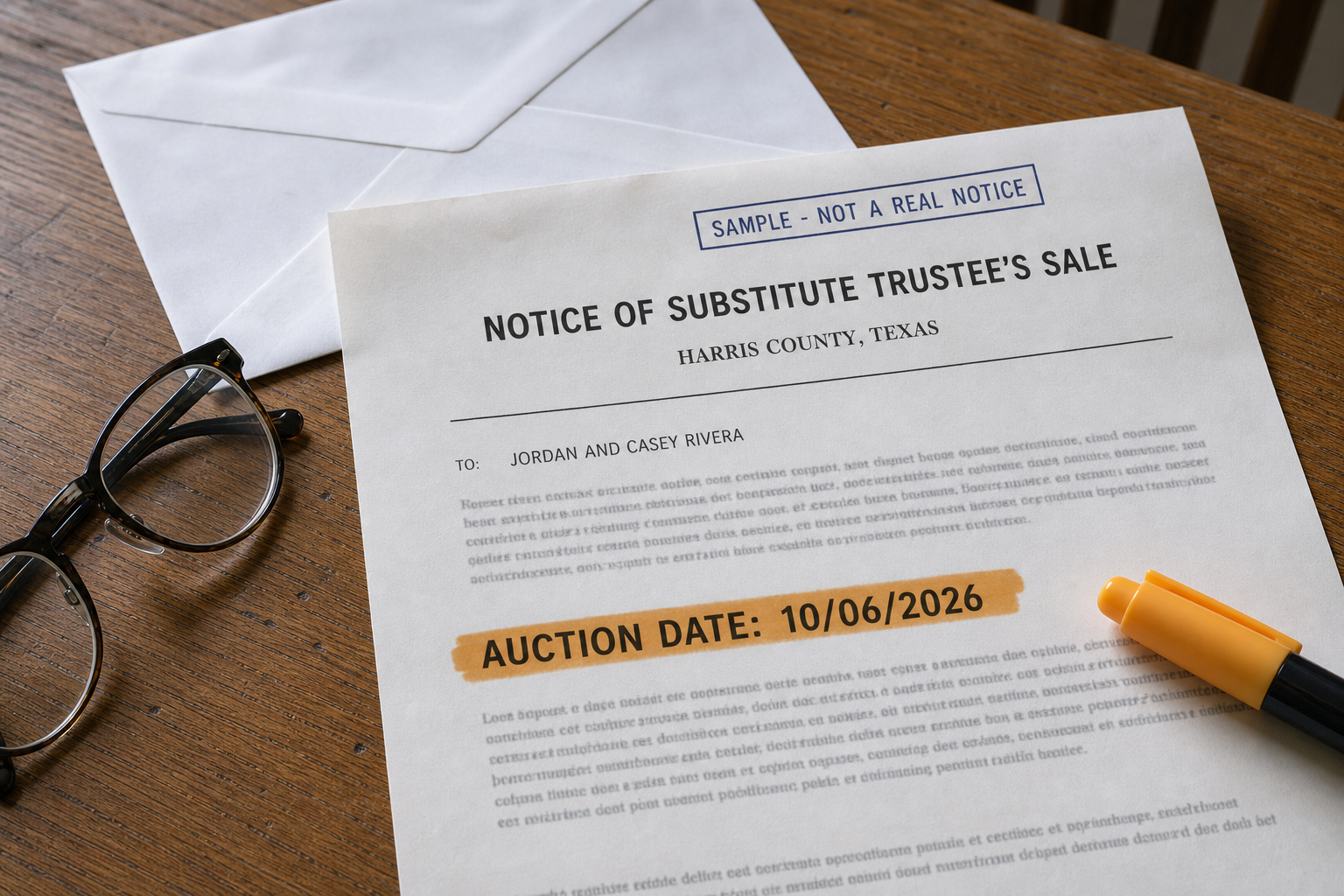 Simulated Harris County foreclosure notice with an auction date highlighted on a kitchen table