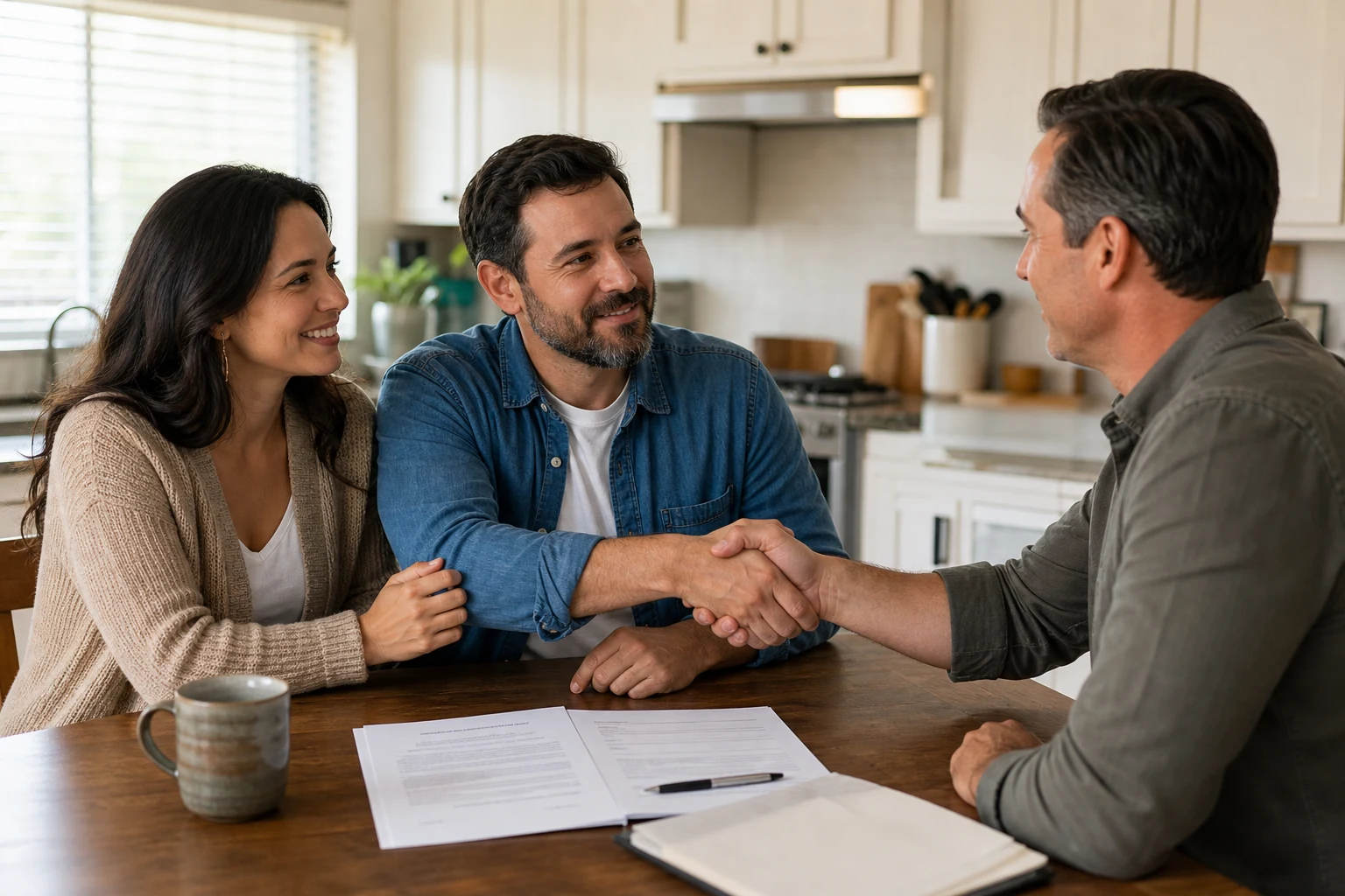Homeowners shaking hands with an investor across a kitchen table with contract documents
