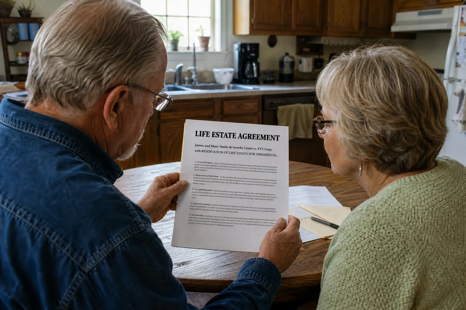 An older couple reviewing a Life Estate Agreement together at their kitchen table