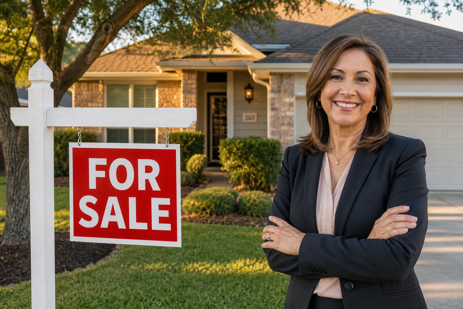 A smiling real estate agent standing beside a For Sale sign in front of a home