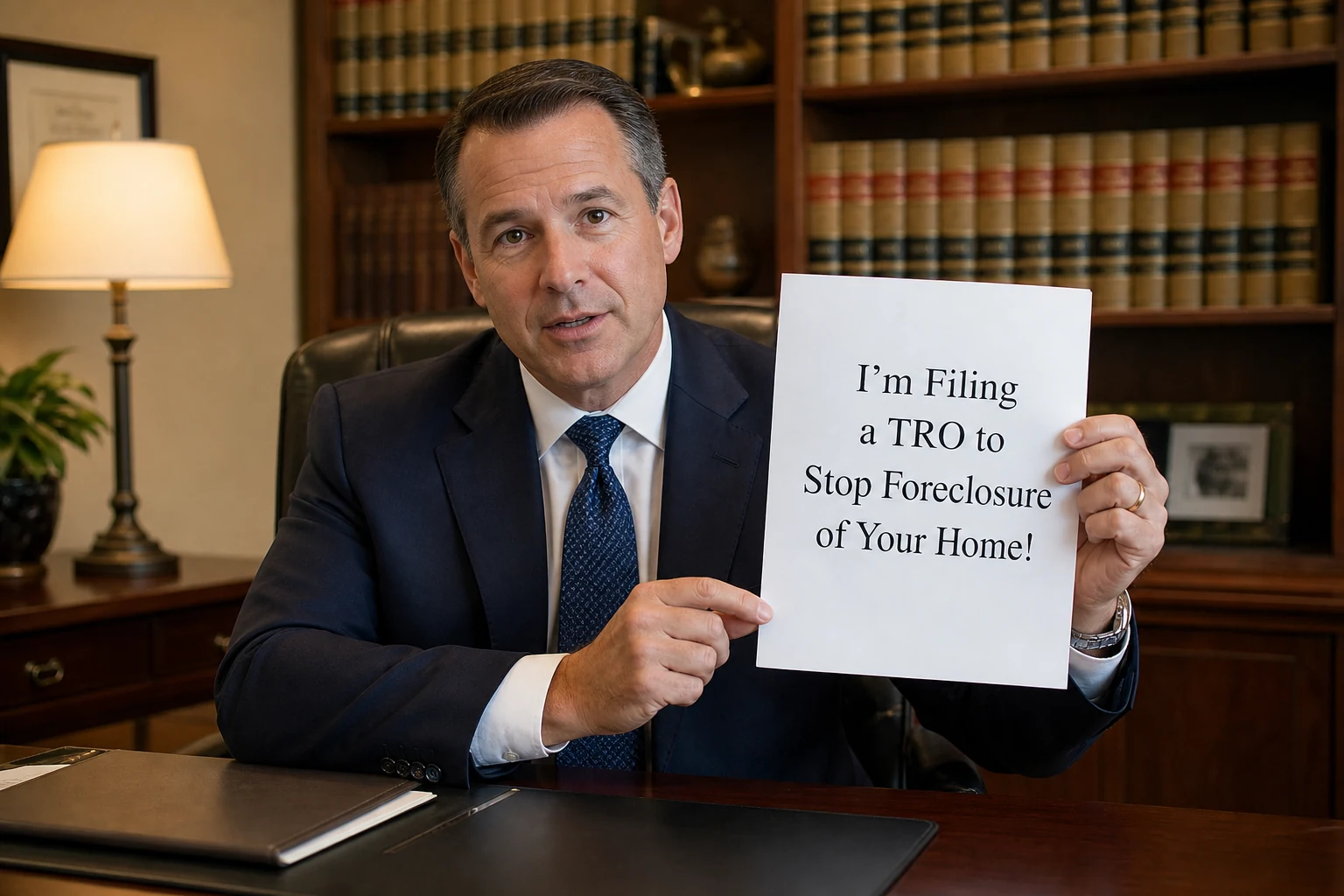 A foreclosure attorney in his law office holding a paper about filing a TRO